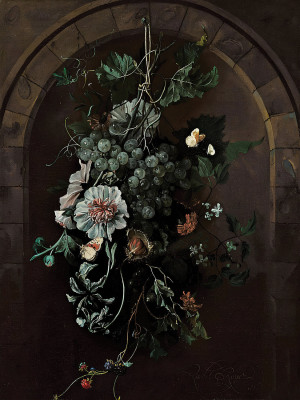 ₴ Репродукция цветочный натюрморт "Гирлянда из винограда, мальв, ирисов, мальв, африканских бархатцев, клематисов, конского каштана и ежевики с бабочками и другими насекомыми, подвешенными перед каменной аркой"