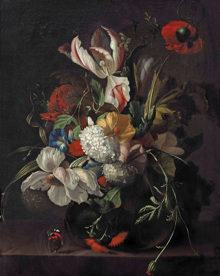 ₴ Репродукция цветочный натюрморт "Исландские маки, тюльпан, калина, ипомея и гербера в стеклянной вазе с бабочкой на каменном выступе"