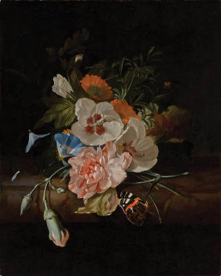 ₴ Репродукция цветочный натюрморт "Натюрморт с гвоздиками, гибискусом, ипомеей и другими цветами на выступе, с бабочкой"