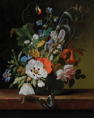 ₴ Репродукция цветочный натюрморт "Натюрморт с цветами в вазе на уступе со стрекозой, гусеницей и бабочкой"