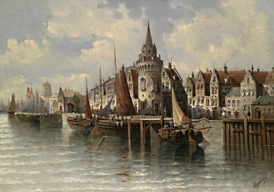 ₴ Репродукция городской пейзаж "Вид на гавань города"