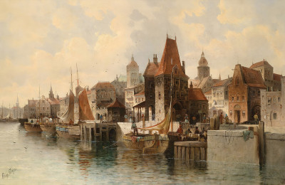 ₴ Репродукция городской пейзаж "Город на реке"