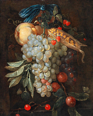 ₴ Репродукция натюрморт "Висячий букет фруктов, включая виноград, грушу и кукурузу в початках, с бабочками"