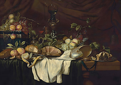 ₴ Репродукция натюрморт "Фрукты, хлеб, ветчина, наутилус и другие объекты"