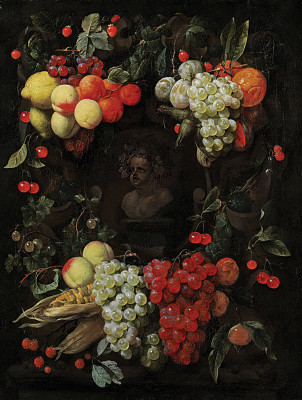 ₴ Репродукция натюрморт "Бюст в окружении фруктов"