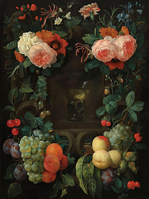 ₴ Репродукция натюрморт "Каменный картуш с ремером, цветами и фруктами в нише"