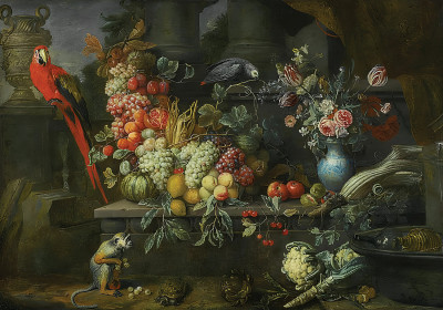 ₴ Репродукция натюрморт "Натюрморт с гирляндой из фруктов, цветов в сине-белом весе на каменном постаменте вместе с овощами, винным холодильником, обезьяной, черепахой, ара и серым попугаем в архитектурном окружении"
