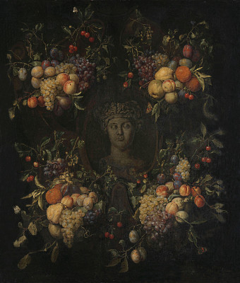 ₴ Репродукция натюрморт "Имитация скульптурной головы женщины в картуше, украшенном гирляндами из фруктов"
