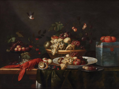 ₴ Репродукция натюрморт "Натюрморт с лобстером, фруктами и мухоловкой"