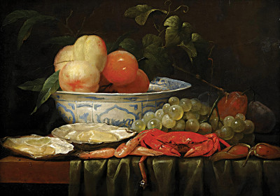 ₴ Репродукция натюрморт "Натюрморт с крабом, креветкам, устрицами, виноградом и персиками в фарфоровой миске"