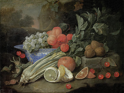 ₴ Репродукция натюрморт "Натюрморт с фруктами на фоне пейзажа"