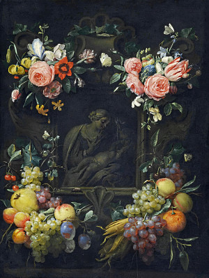 ₴ Репродукция натюрморт "Скульптурная Мадонна с младенцем в нише, окруженной гирляндой из цветов и фруктов"