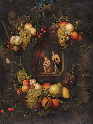 ₴ Репродукция натюрморт "Три путти с атрибутами Vanitas в фруктовой гирлянде"