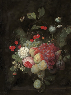 ₴ Репродукция цветочный натюрморт "Цветы и фрукты на каменном выступе"