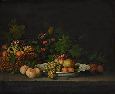 ₴ Репродукция натюрморт "Натюрморт со щеглом, фруктами и тарелкой"