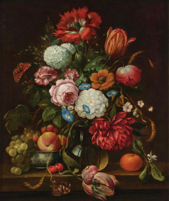 ₴ Репродукция цветочный натюрморт известного художника "Натюрморт с цветами, фруктами и бабочкой-адмиралом"