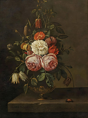 ₴ Репродукция цветочный натюрморт "Букет цветов в вазе на каменном выступе"