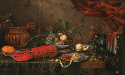 ₴ Репродукция натюрморт "Натюрморт с вареным омаром, фруктами и бокалом вина"