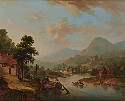 ₴ Репродукция пейзаж "Панорамный речной пейзаж с горами"