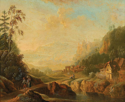 ₴ Репродукция пейзаж "Большой речной ландшафт с путниками"