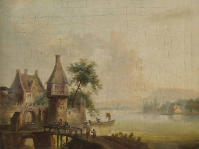 ₴ Репродукция пейзаж "Речной пейзаж, деревня слева и мост на переднем плане"