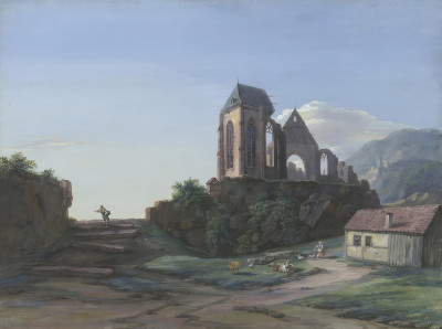 ₴ Репродукция пейзаж "Руины готической церкви, замок на заднем плане, овцы, коза и ребенок кормят кур возле хаты, мужчина с корзиной"