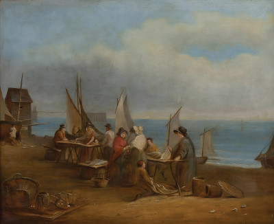 ₴ Репродукция бытовой жанр "Рыбный рынок на берегу моря"