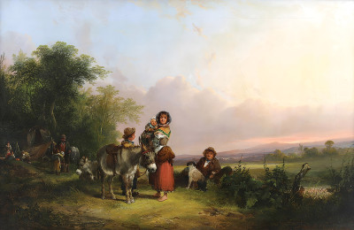 ₴ Репродукция бытовой жанр "Цыганский табор на закате"