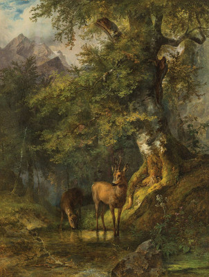₴ Репродукция пейзажа известного художника "Лесной пейзаж с двумя оленями возле пруда"