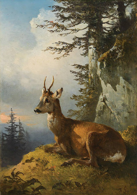 ₴ Репродукція побутовий жанр відомого художника "Лежащий самец косули"