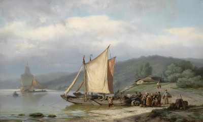 ⚓Репродукция морской пейзаж "Разгрузка баржи"