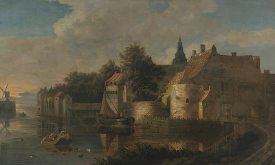 ₴ Репродукция пейзажа "Речной пейзаж с фигурами в лодках перед укрепленным городом"