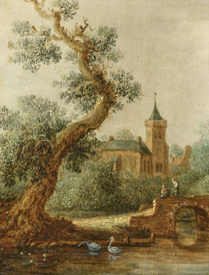 ₴ Репродукция пейзажа "Речной пейзаж с мостом и церковью"