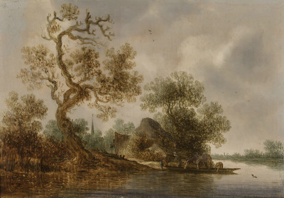 ₴ Репродукция пейзажа "Речной пейзаж с паромом для перевозки скота"