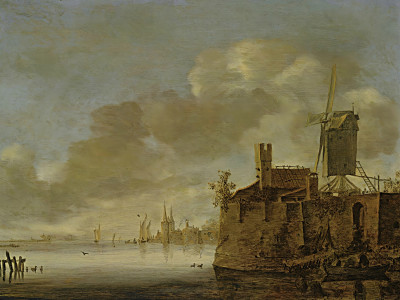 ₴ Репродукция пейзажа "Речной пейзаж с укрепленным городом, ветряной мельницей на берегу и гребной лодкой с фигурами на переднем плане"