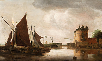 ₴ Репродукция пейзажа "Речной пейзаж с лодками и замком"