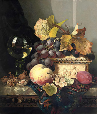 ₴ Репродукция натюрморт "Натюрморт с черным виноградом, персиком и бокалом вина"