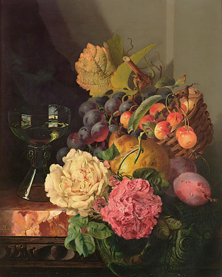 ₴ Репродукция натюрморт "Натюрморт с цветами, фруктами и бокалом"