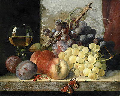 ₴ Репродукция натюрморт "Натюрморт с фруктами, бокалом вина и бабочкой"