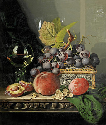 ₴ Репродукция натюрморт "Натюрморт с фруктами, листьями и бокалом вина на выступе"