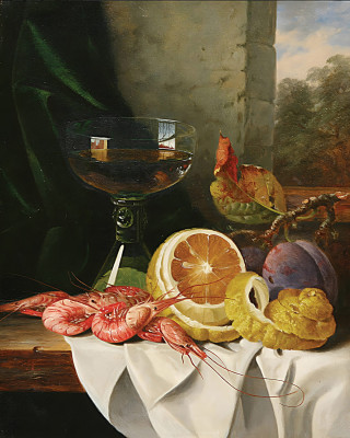 ₴ Репродукция натюрморт "Натюрморт с креветками и фруктами"