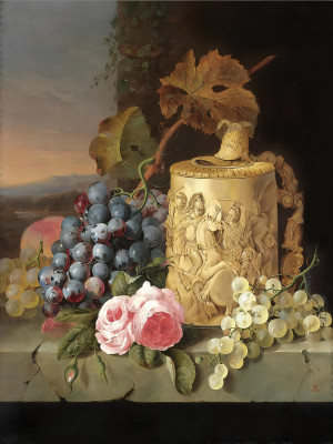 ₴ Репродукция натюрморт "Натюрморт с виноградом, розами и пивной кружкой на мраморном уступе"