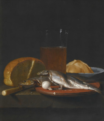 ₴ Репродукция натюрморт "Скумбрия, хлеб, оловянная тарелка и бокал пива на столе"