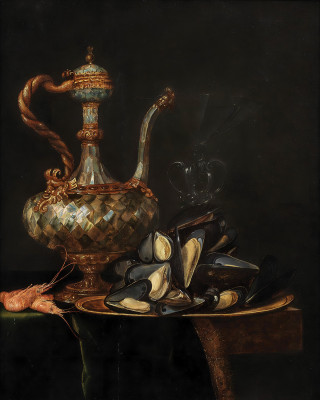 ₴ Репродукция натюрморт "Натюрморт с перламутровым кувшином, венецианским бокалом для вина, креветками и тарелкой мидий на частично задрапированном столе"