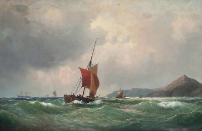 ⚓Репродукция морской пейзаж "Рыболовные лодки у скалистого побережья, за ними пароход"