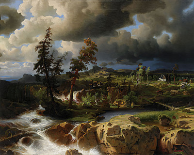 ₴ Репродукция пейзаж известного художника "Лесной пейзаж с водопадом"