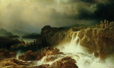 ₴ Репродукция пейзаж известного художника "Скалистый ландшафт с водопадом"