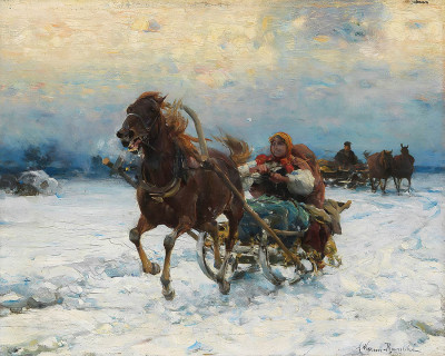 ₴ Репродукция бытовой жанр "Весела їзда у санях"