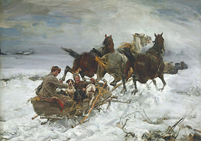 ₴ Репродукция бытовой жанр "Сани, запряжені кіньми"