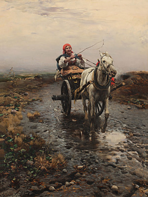 ₴ Репродукция бытовой жанр "Селянка на возі"